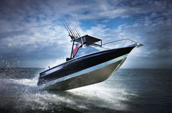 Haines Hunter MD John Haber displays a 760 prototype hull.